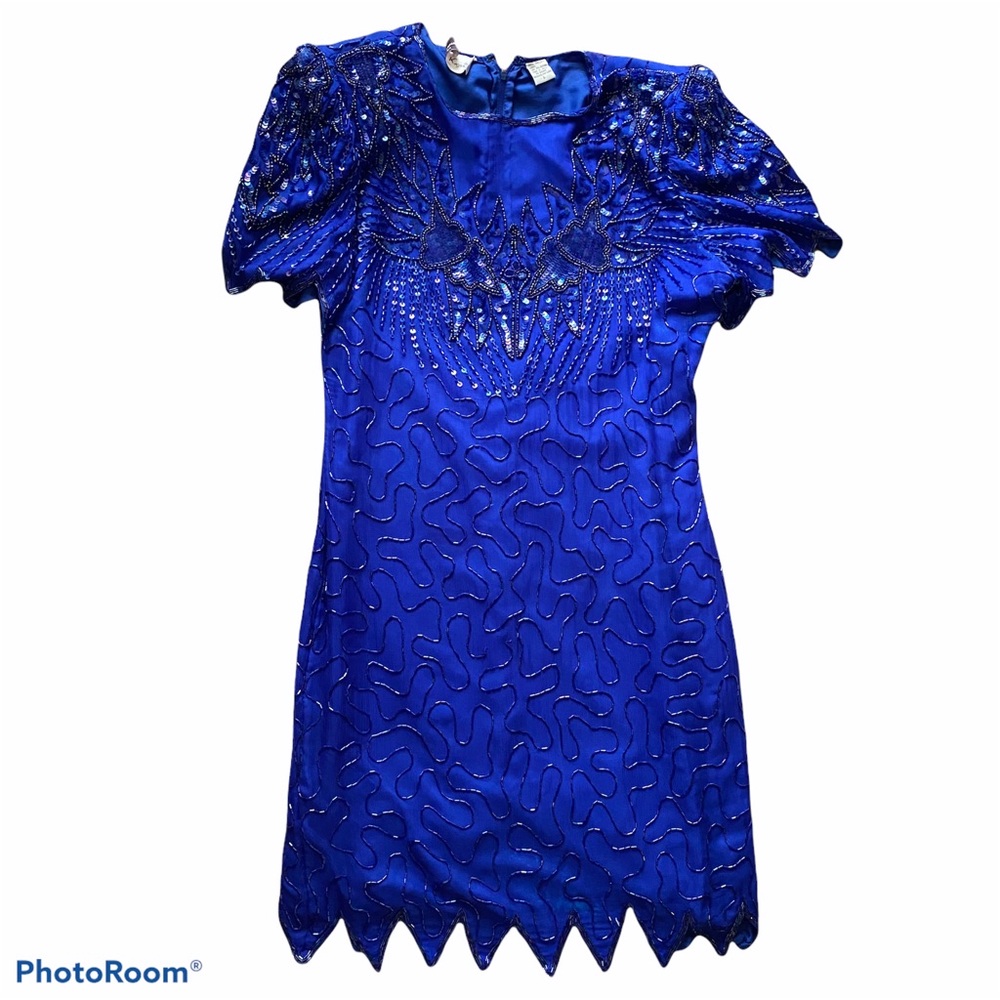 Vintage Laurence Kazar New York Blue Silk Beaded Party Dress Large